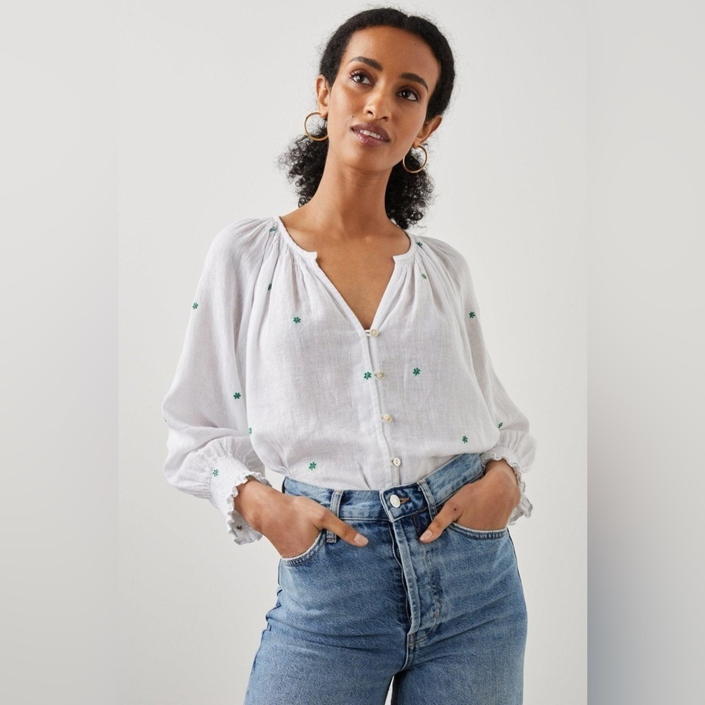 Rails Mariah Linen Embroidered Green Daisy Button Top